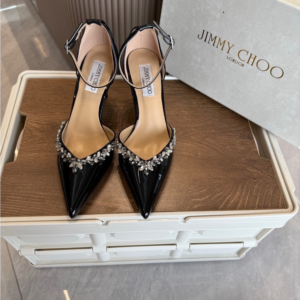 Black Patent Crystal-Embellished Ankle-Strap Pointed Pumps